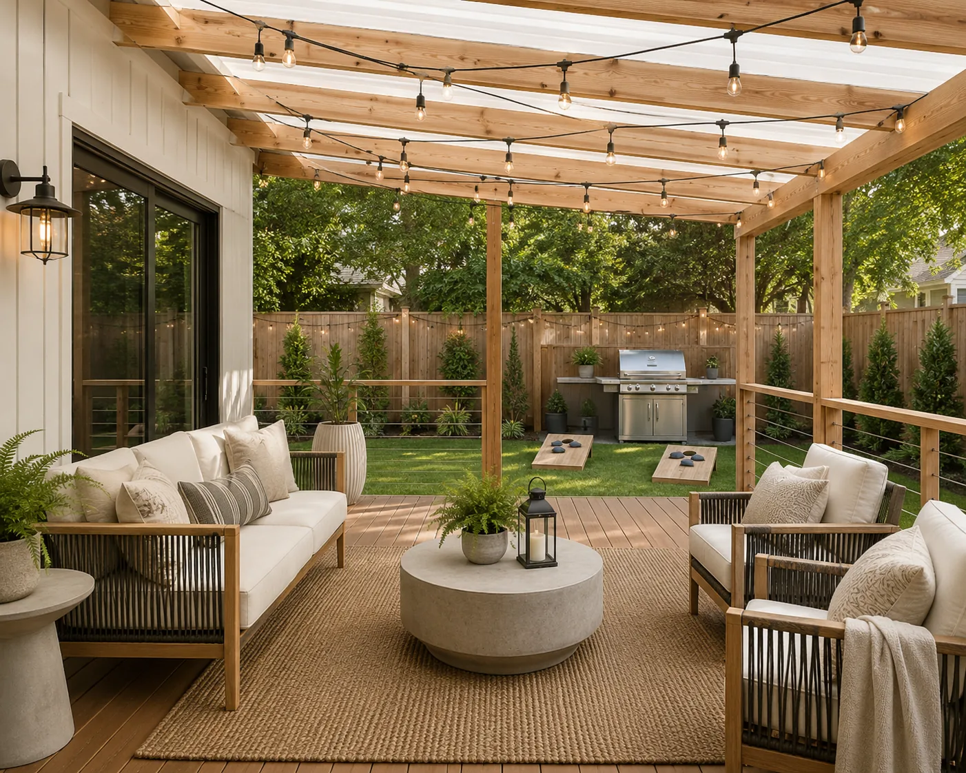 A covered outdoor living area with conversation seating, string lights, a grill, dining space, and lawn games
